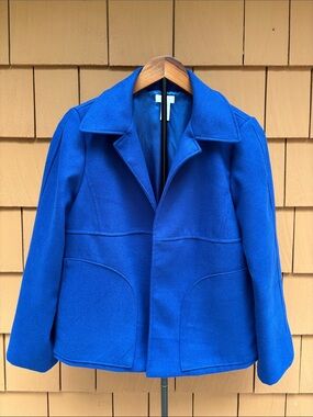 CHICOS | Royal Blue Polar Fleece Open Front Peacoat Blazer Jacket | Size M